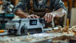 A photograph of a skilled woodworker operating an industrial planer with a clear focus on the led display