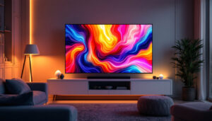 A photograph of a modern led entertainment center showcasing a vibrant led display in a stylish living room setting