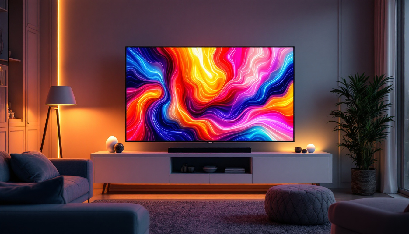 A photograph of a modern led entertainment center showcasing a vibrant led display in a stylish living room setting