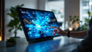 A photograph of a sleek wireless touch display in a modern setting