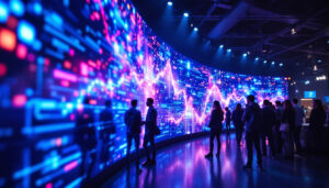 A photograph of a vibrant led display in a dynamic setting