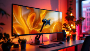 A photograph of capture a photograph of a sleek multi-screen mount setup featuring multiple led displays in a modern workspace