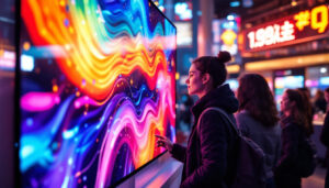 A photograph of capture a photograph of a vibrant led display in a bustling kiosk environment