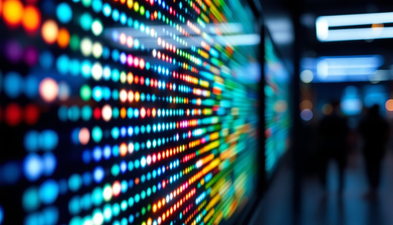 A photograph of a close-up shot of a vibrant led display in action