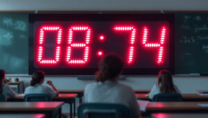 A photograph of a modern led digital clock prominently displayed in a classroom setting