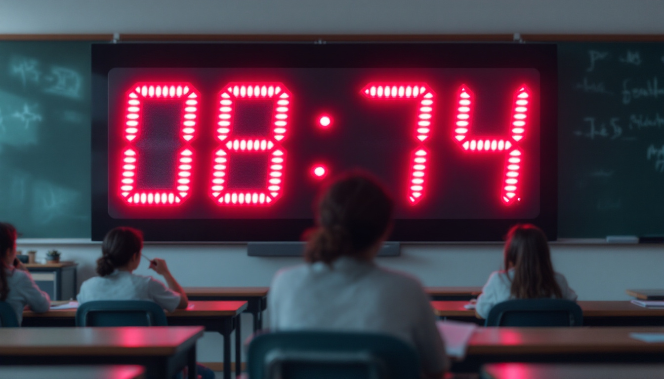 A photograph of a modern led digital clock prominently displayed in a classroom setting