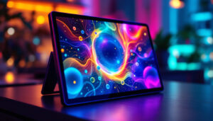 A photograph of a vibrant led display showcasing the dynamic visuals and colors of a poe tab