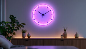 A photograph of a sleek backlight wall clock with an illuminated led display in a stylish interior setting