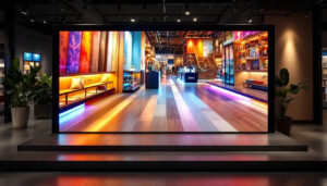 A photograph of a modern led display showcasing vibrant flooring designs in a well-lit showroom setting