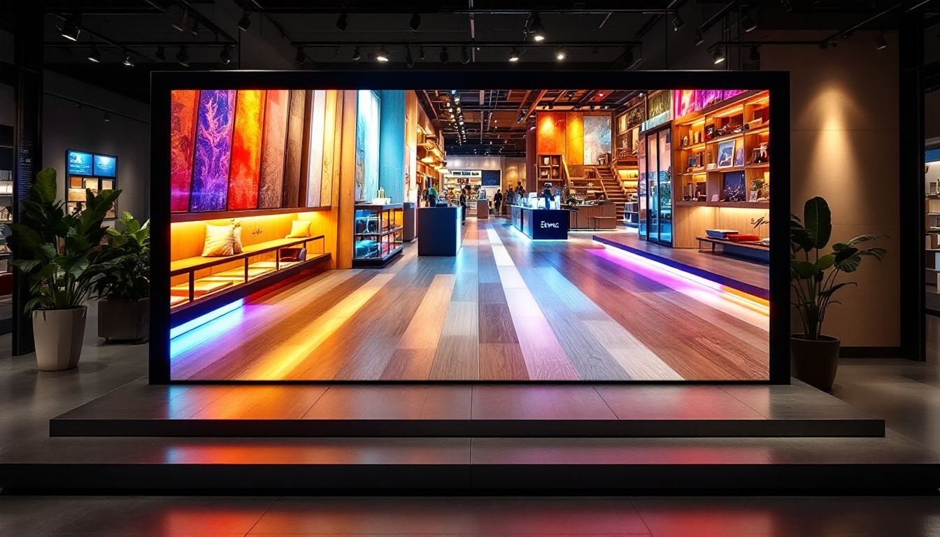 A photograph of a modern led display showcasing vibrant flooring designs in a well-lit showroom setting
