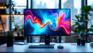 A photograph of a large desktop monitor displaying vibrant