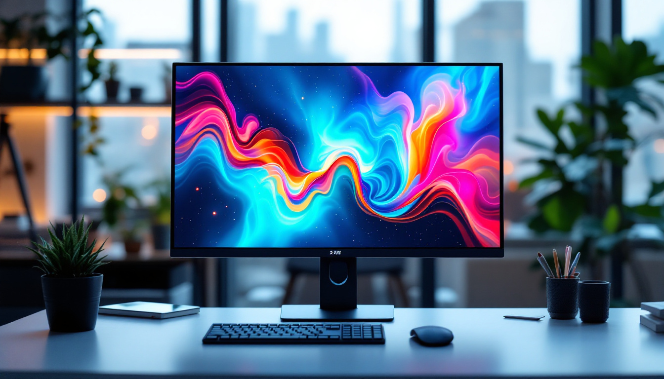 A photograph of a large desktop monitor displaying vibrant