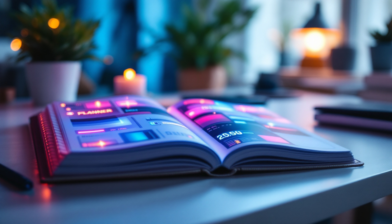 A photograph of a stylish planner open to a page featuring an led display