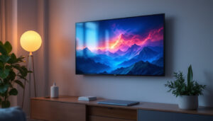 A photograph of a stylish living room showcasing a mounted led tv on the wall