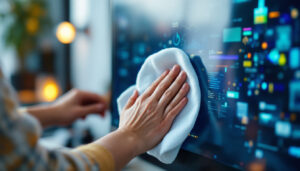 A photograph of a person gently cleaning a computer screen with a microfiber cloth