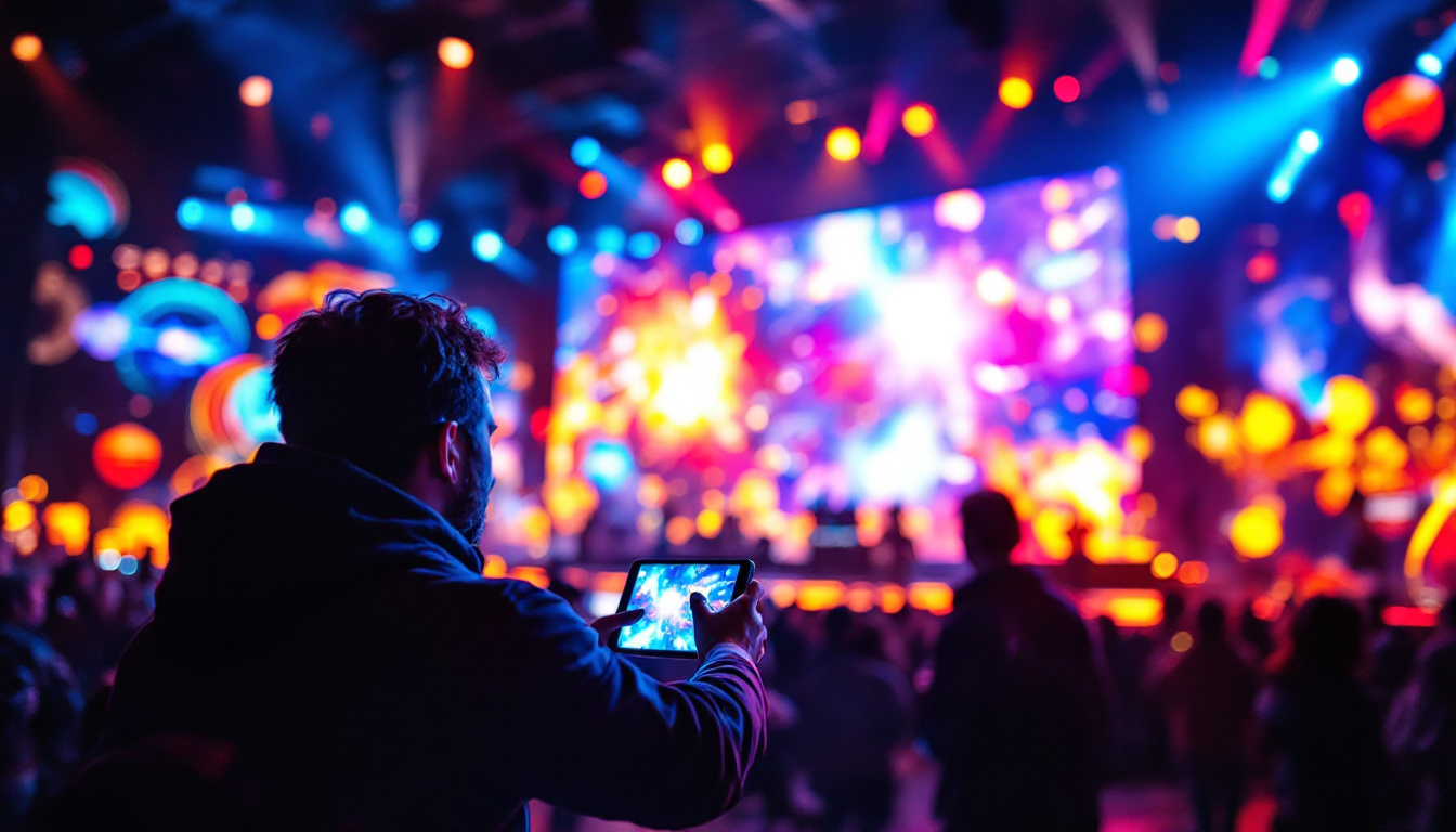 A photograph of a close-up shot of a vibrant led display showcasing dynamic visuals