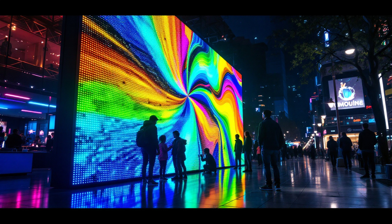 A photograph of a vibrant led display in an outdoor setting