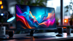 A photograph of a sleek led computer monitor displaying vibrant colors and sharp images