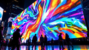 A photograph of a vibrant led display in a dynamic urban setting