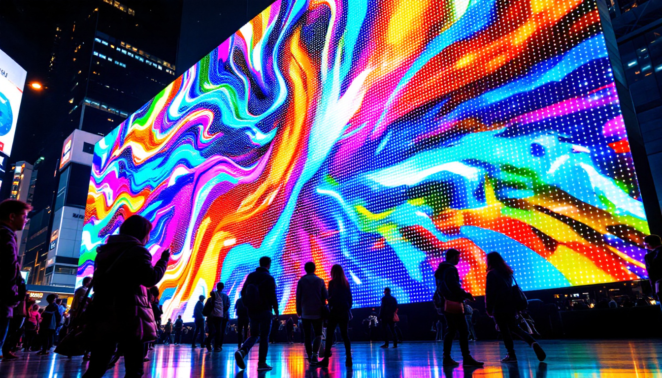 A photograph of a vibrant led display in a dynamic urban setting