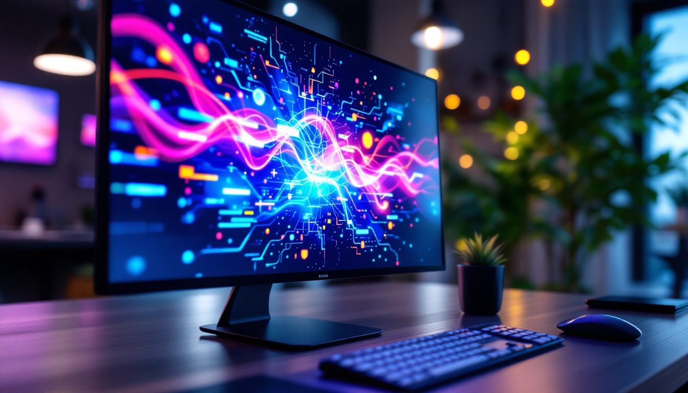 A photograph of a vibrant led computer display showcasing dynamic graphics or a colorful digital interface