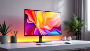 A photograph of a sleek 21-inch led monitor displaying vibrant visuals