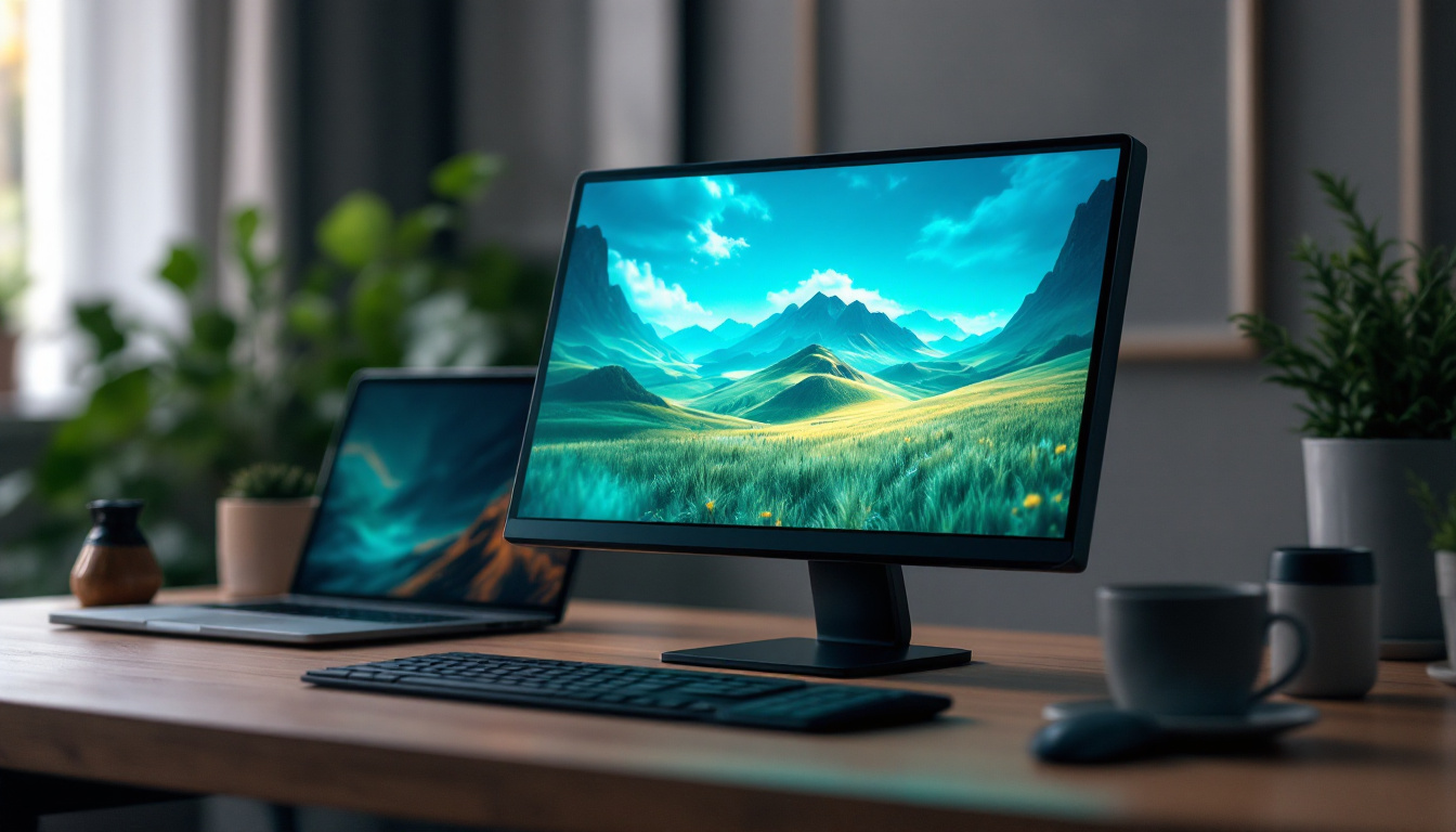 A photograph of a sleek 12-inch portable monitor set up in a stylish workspace