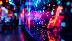 A photograph of a vibrant led display showcasing custom screen prints in a dynamic setting