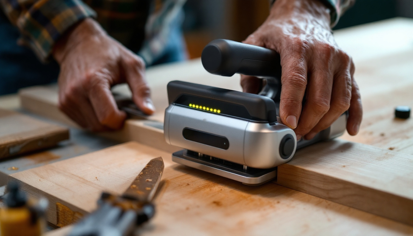 A photograph of a portable thickness planer in action