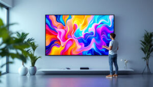 A photograph of a large led display monitor showcasing vibrant visuals in a well-lit environment