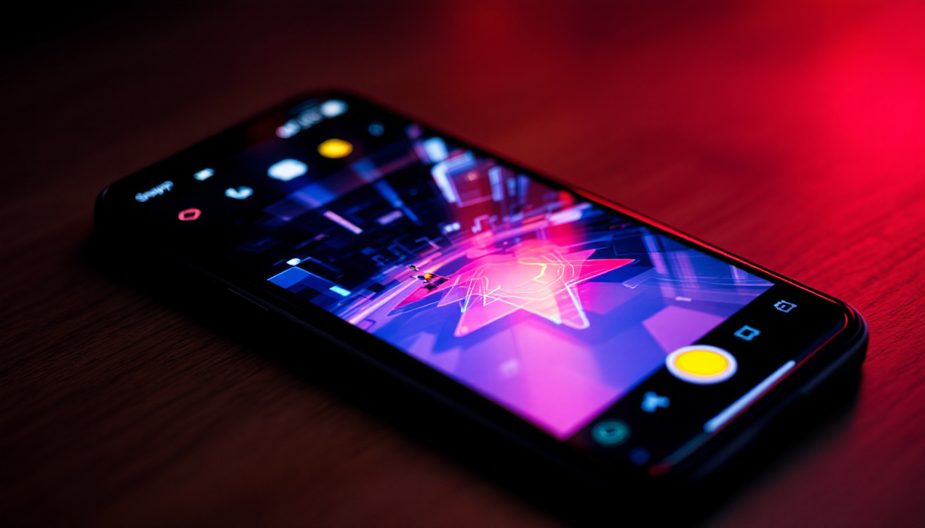 A photograph of a smartphone displaying the snap app interface with the camera feature open