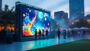 A photograph of a large portable led screen set up in an outdoor environment