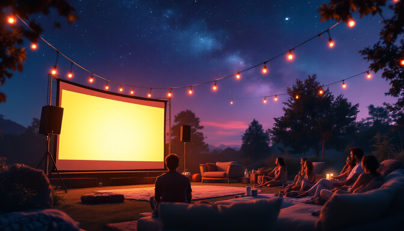 A photograph of a vibrant outdoor movie night scene featuring an led projector displaying a film on a large screen