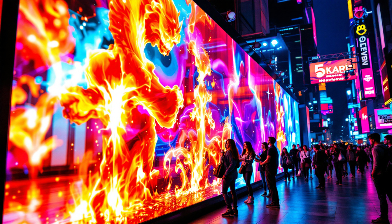 A photograph of a vibrant led display in a bustling urban setting