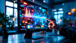 A photograph of a sleek touch screen monitor displaying vibrant led graphics