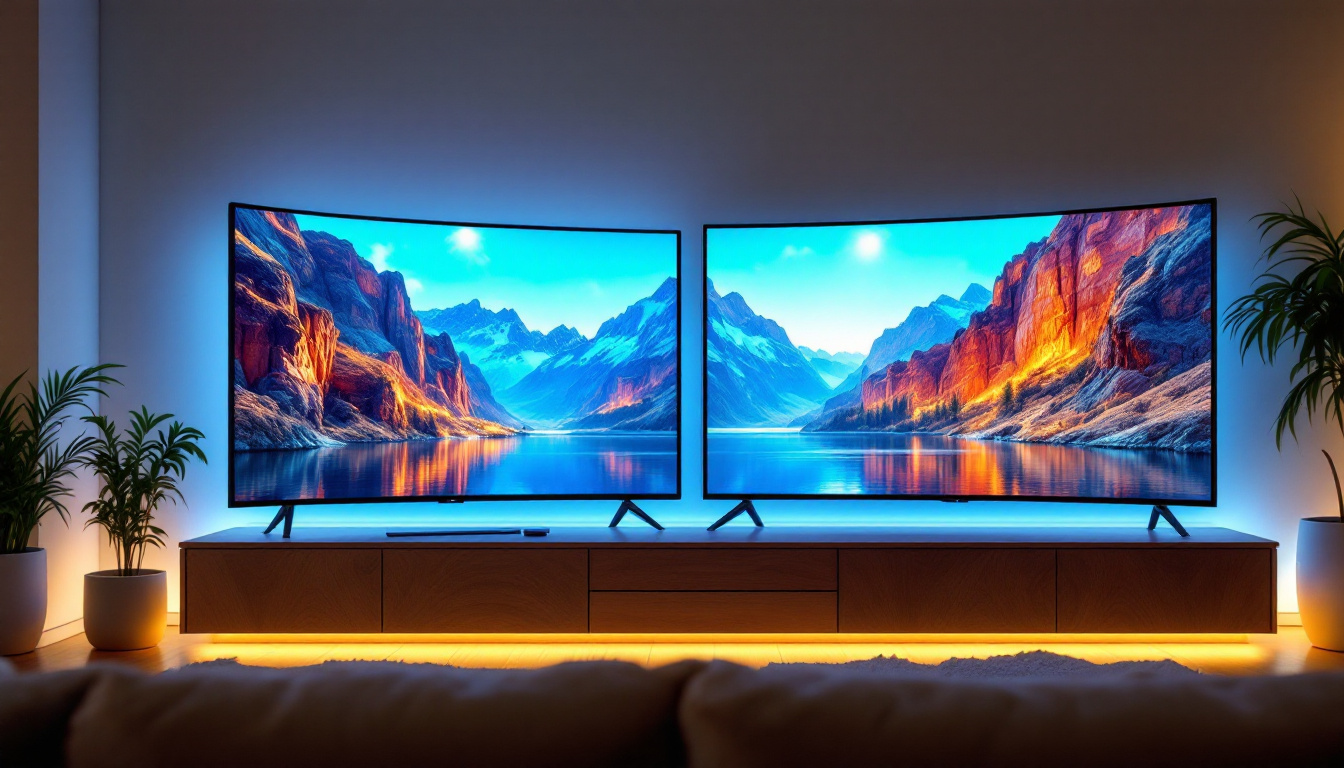 A photograph of a side-by-side comparison of a curved tv and a flat screen tv in a modern living room setting