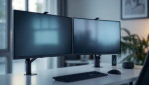 A photograph of a sleek dual monitor setup on a modern desk