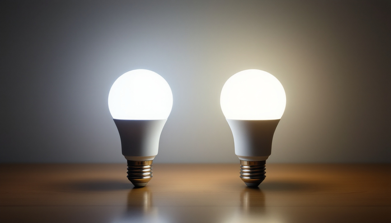 A photograph of a side-by-side comparison of a 40-watt and a 60-watt led bulb illuminated in a dimly lit room
