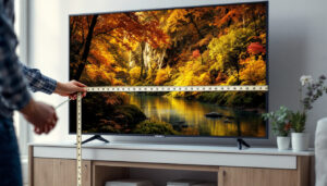A photograph of a person measuring a flat screen tv with a tape measure