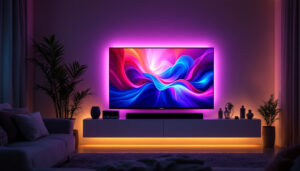 A photograph of a dimly lit living room featuring a modern led tv displaying a vibrant image