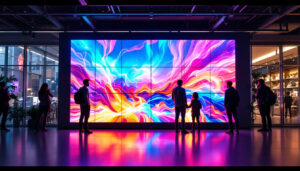 A photograph of a vibrant led display in a modern setting