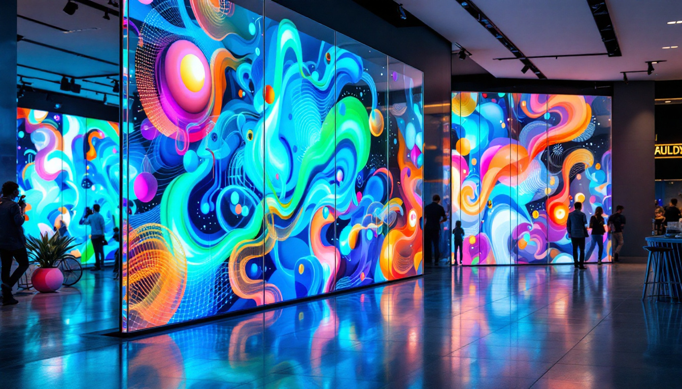 A photograph of a transparent flexible led screen in a dynamic setting