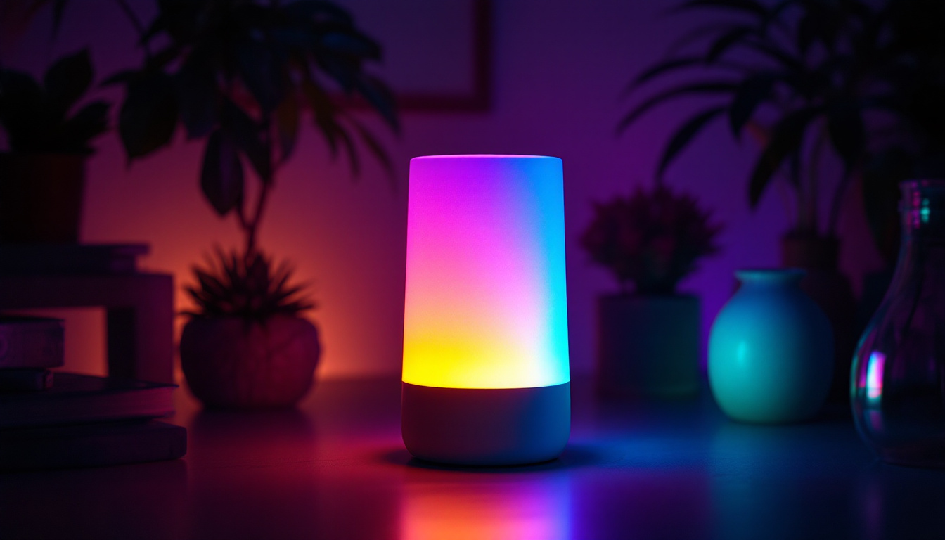 A photograph of capture a photograph of the dazzle colour lamp in a dimly lit setting