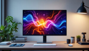 A photograph of a sleek 27-inch touch screen monitor displaying vibrant led graphics
