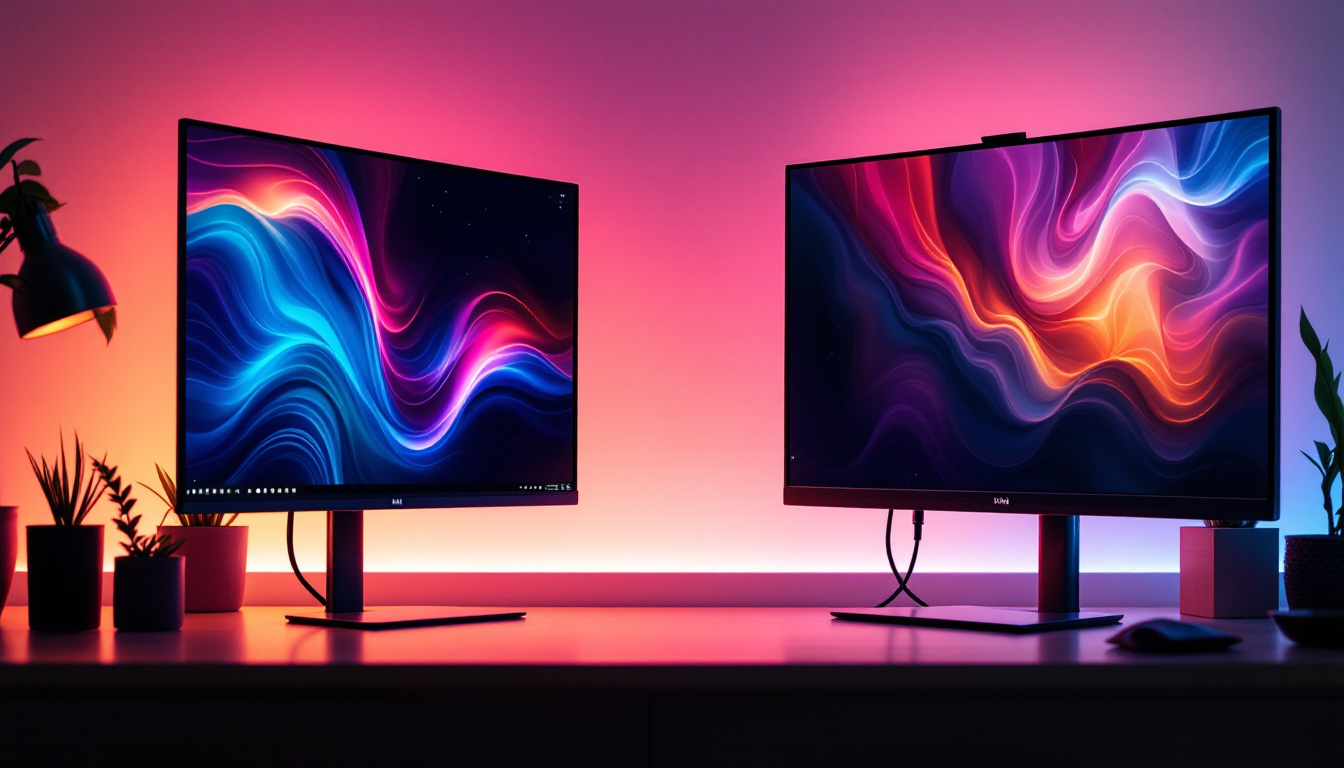 A photograph of capture a photograph of a side-by-side comparison of a high-end led display connected via displayport 2.1 and hdmi 2.1