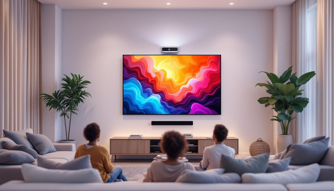 A photograph of a stylish living room setting featuring a wall projector in use