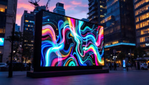 A photograph of a vibrant led display in an urban setting at dusk
