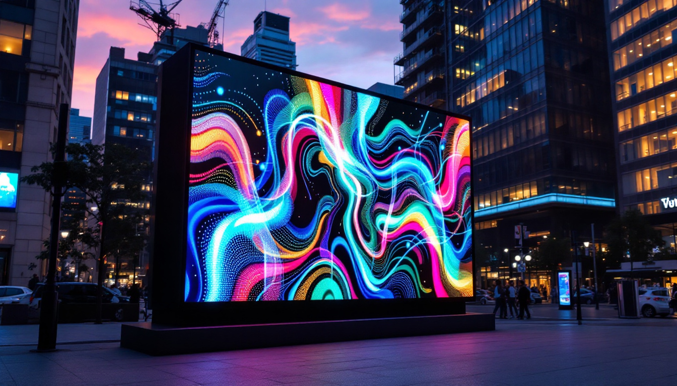 A photograph of a vibrant led display in an urban setting at dusk