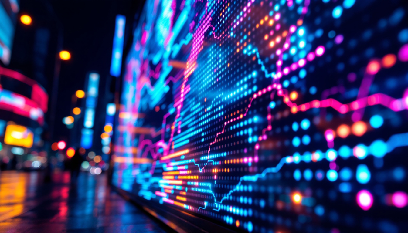 A photograph of a vibrant led display showcasing a dynamic visual pattern or advertisement