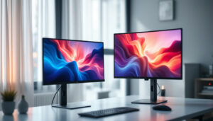 A photograph of a sleek two-monitor stand setup in a well-lit workspace